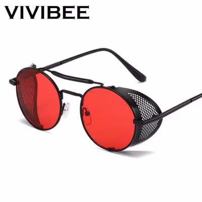 VIVIBEE Steampunk stiliaus gotikiniai apvalūs saulės akiniai vyrams, raudono metalo rėmeliai, retro dizainas