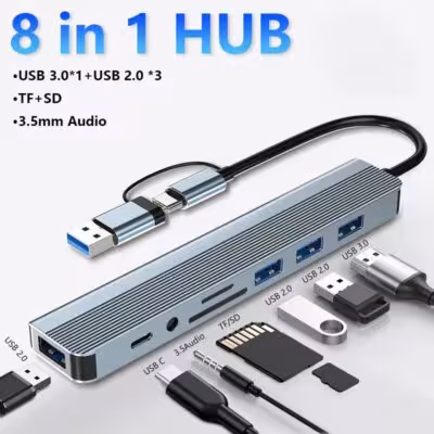 Adaptateur USB 8 en 1 avec ports USB C et USB A, USB 3.0 5 Gbps, lecteur de cartes SD/TF et prise audio 3,5 mm