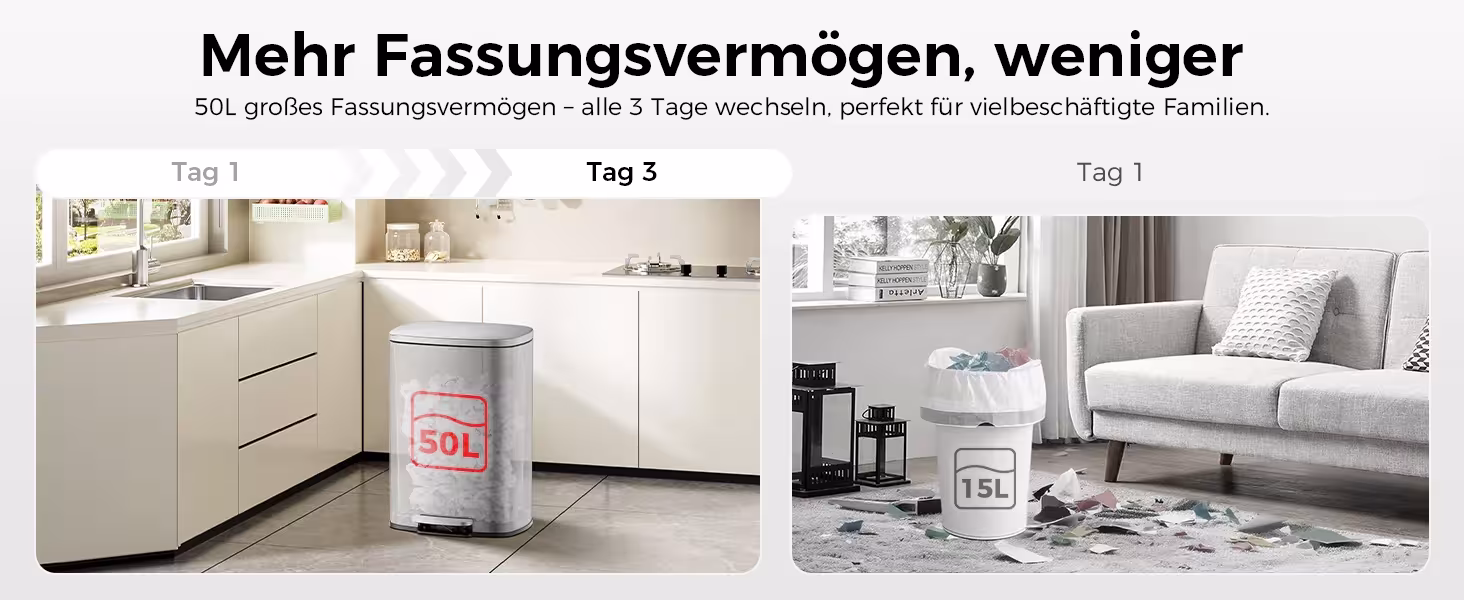 Der Text lautet „Mehr Fassungsvermögen, weniger“. Inneneinrichtung mit Wohnzimmermöbeln und Dekorelementen.