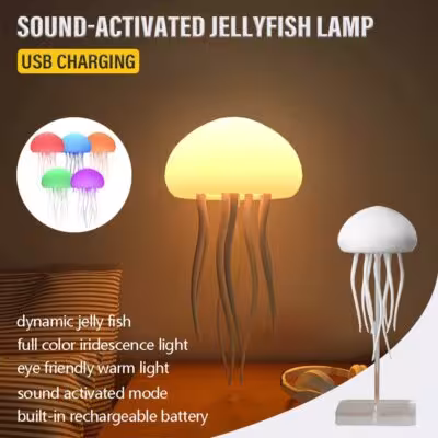 Medusa-shaped night light with USB charging, voice control, and moving tentacles