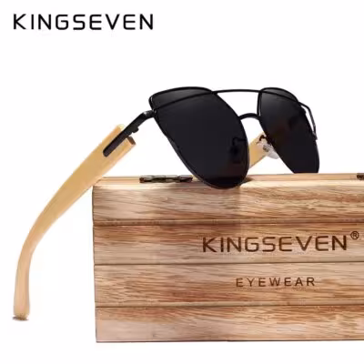 Lunettes de soleil polarisées KINGSEVEN pour femmes, forme chatoyante avec monture métallique et boîte en bois