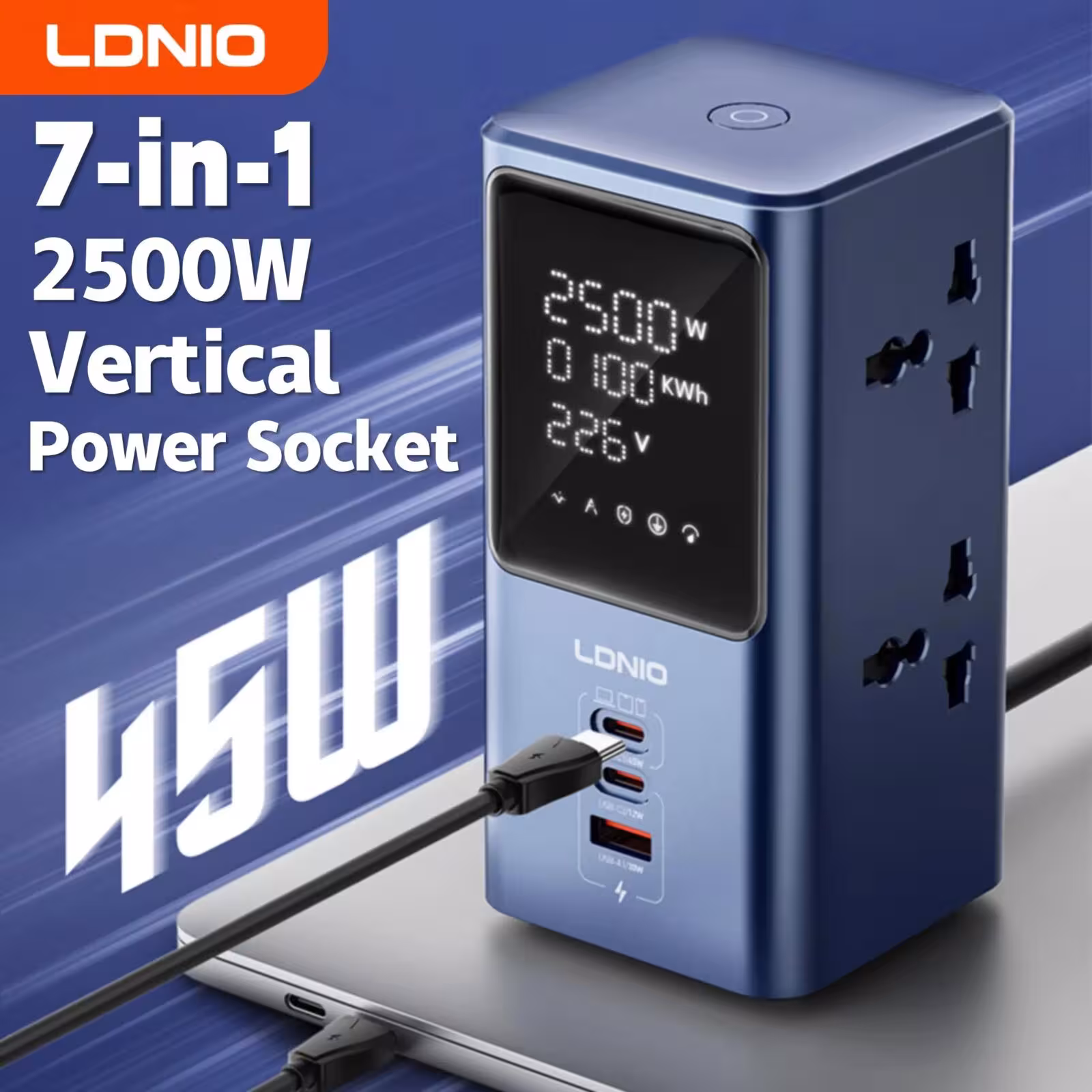 Regulador de enchufes vertical LDNIO con múltiples tomas, cargador rápido USB C de 45W, LED
