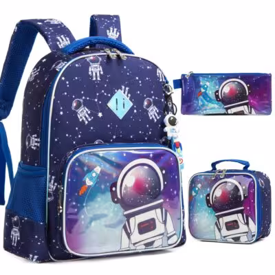 Sac à dos scolaire enfant BIKAB 3 en 1 avec motifs de dinosaures et style kawaii, comprenant un sac repas et une trousse pour filles et garçons.