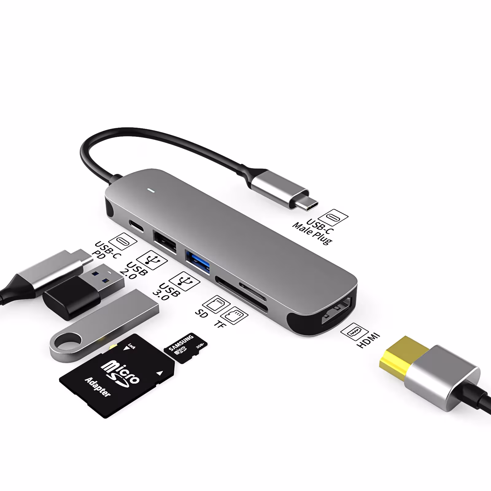 Adattatore USB-C 6in1 con porta HDMI per MacBook Air, iPad M2 M1, dock station. Supporta USB 3.0.
