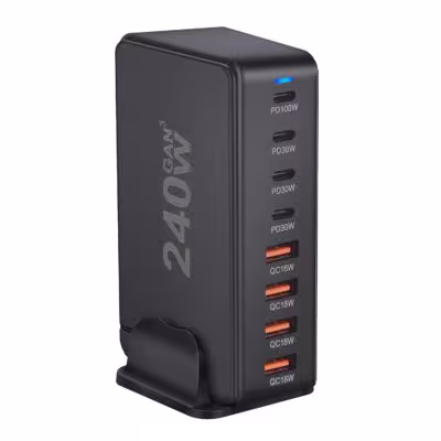 Chargeur de table GaN 240W avec 8 ports USB-C, technologie de charge rapide PD 3.0 et design compact.