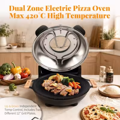 Parrilla eléctrica multifuncional para pizza con control de temperatura doble, calentamiento de 420°C y piedra para pizza
