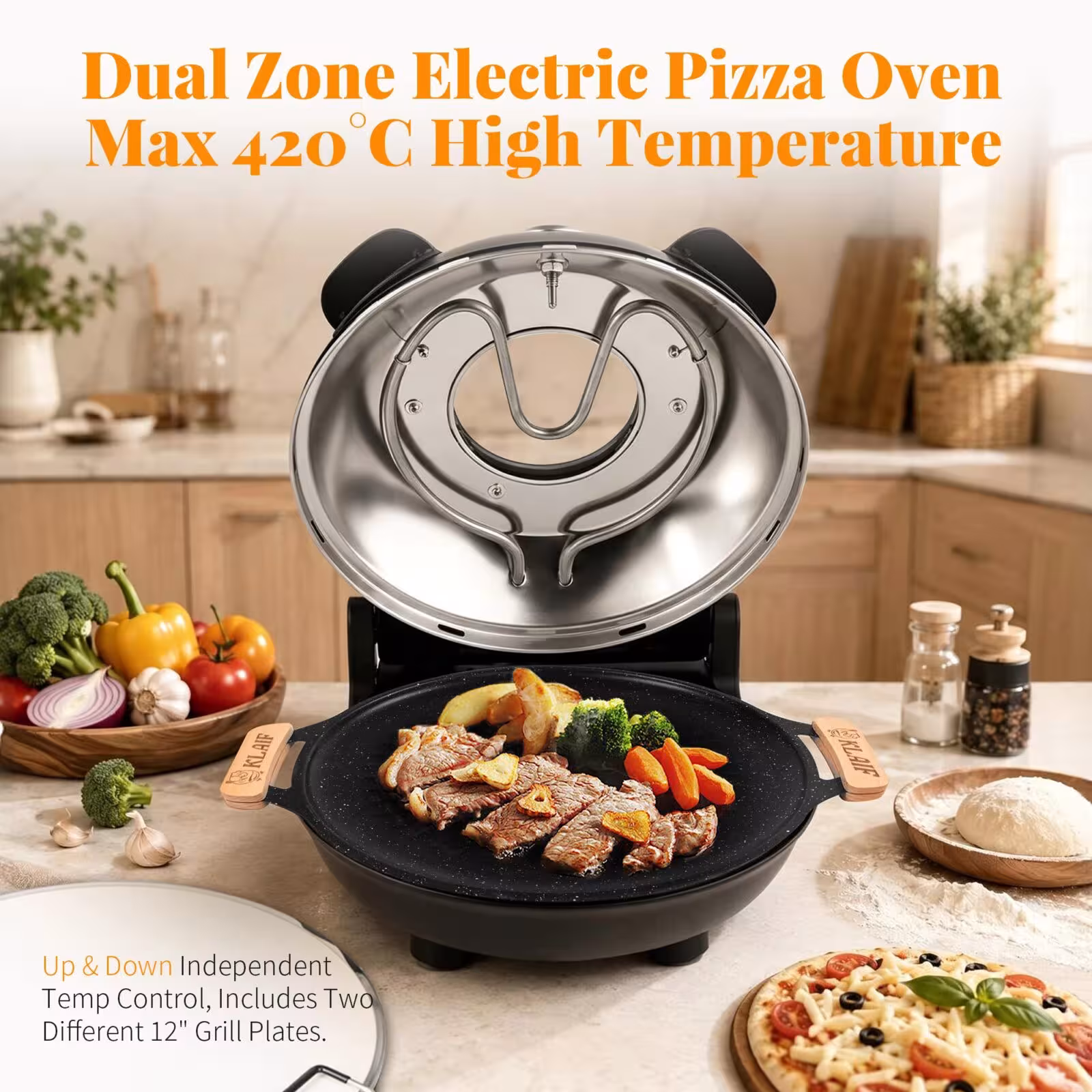 Multifunctional electric pizza grill with dual temperature control, 420°C heating, and a pizza stone