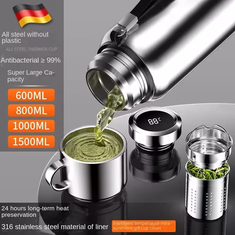 Thermos intelligent en acier inoxydable avec écran de température, gourde isolée sous vide de grande capacité avec filtre