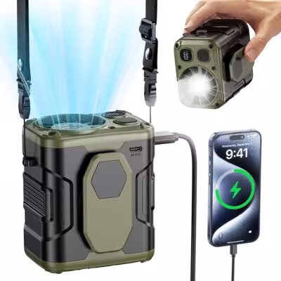 Ventilatore portatile da cintura con power bank da 10000mAh, illuminazione LED, laccio per il collo e 5 impostazioni di velocità per lavori all'aperto