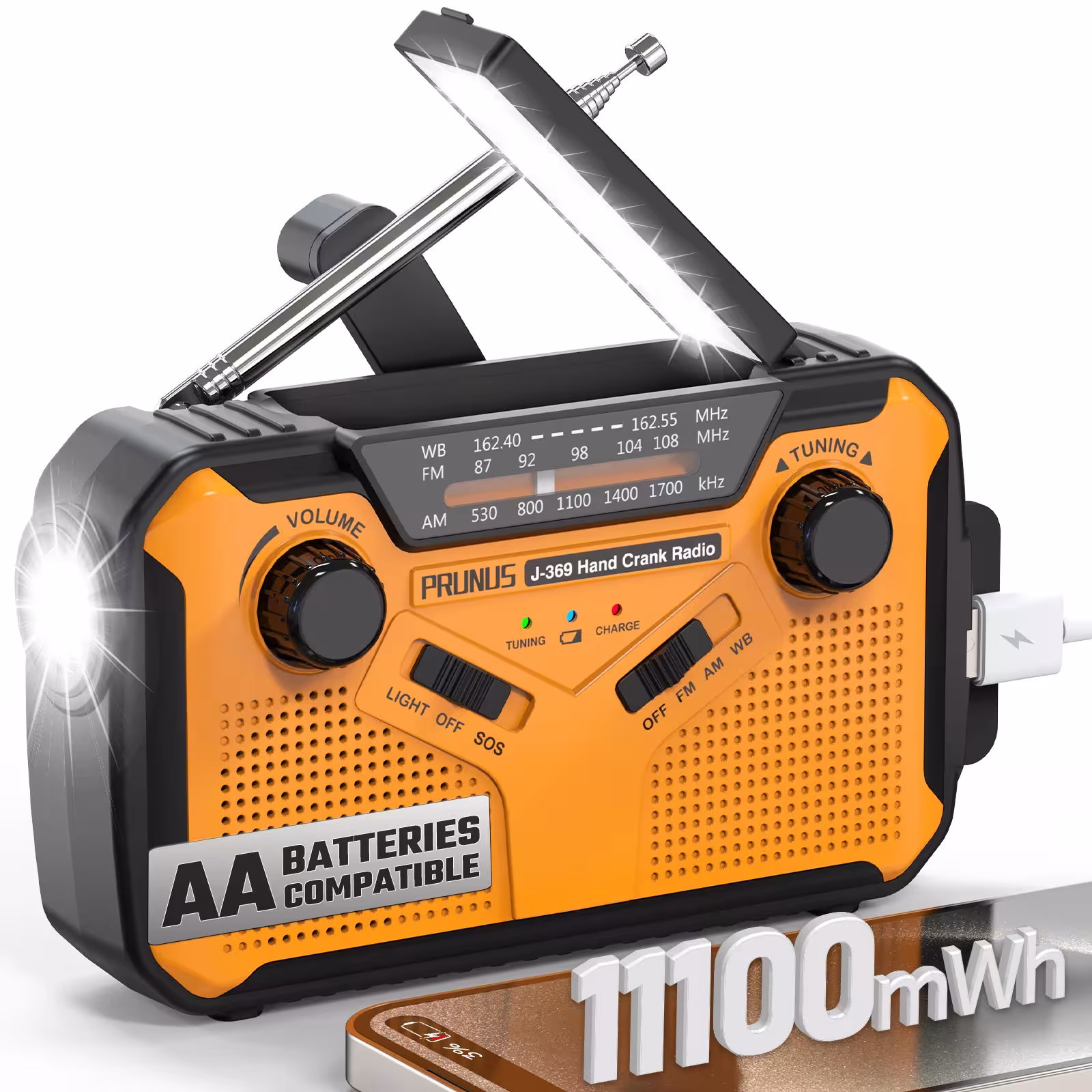Radio de emergencia portátil con energía solar y manivela, 3000mAh, AM/FM, linterna LED y cargador de teléfono