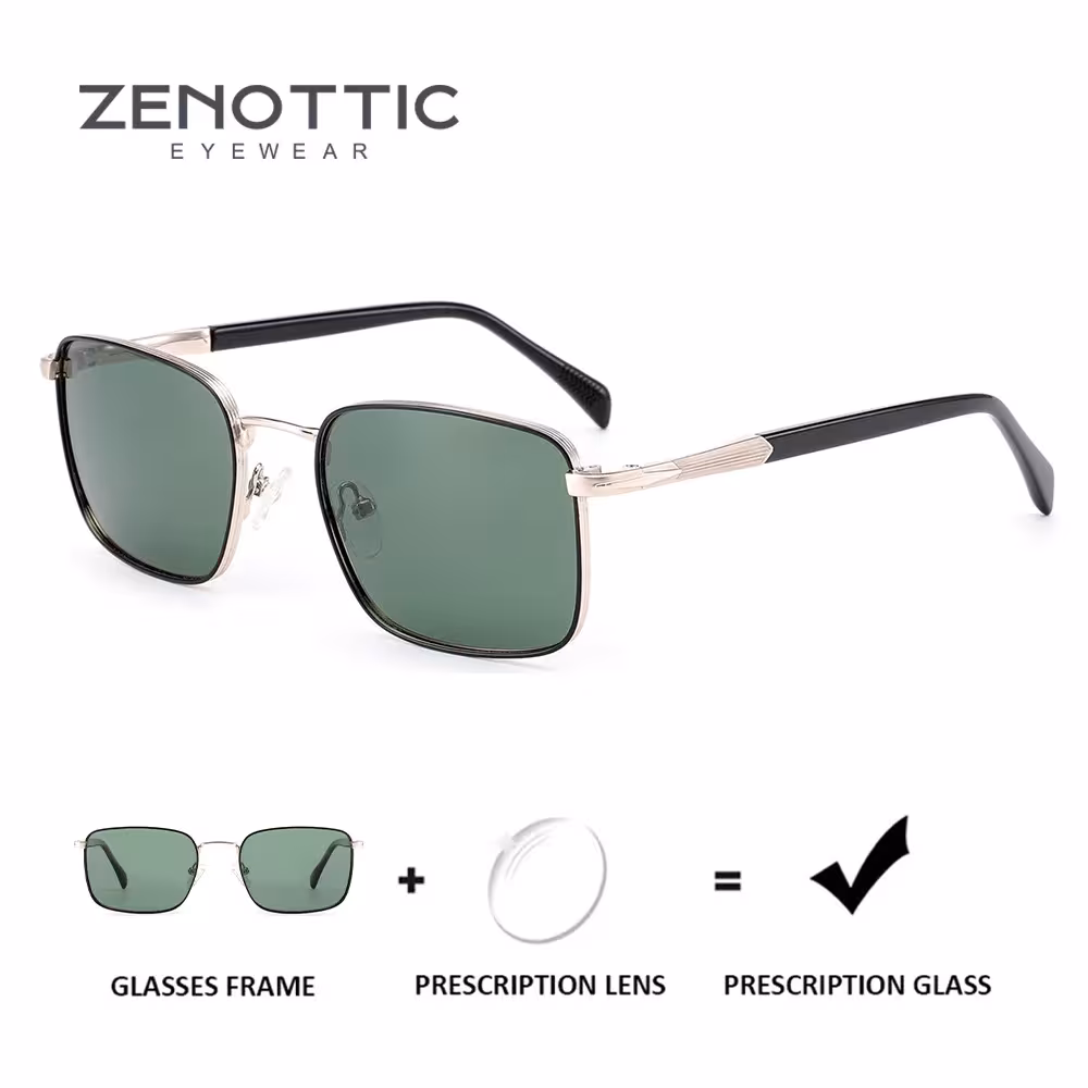 ZENOTTIC men's polarized prescription sunglasses with UV400 protection, a metal frame, and corrective lenses for driving.