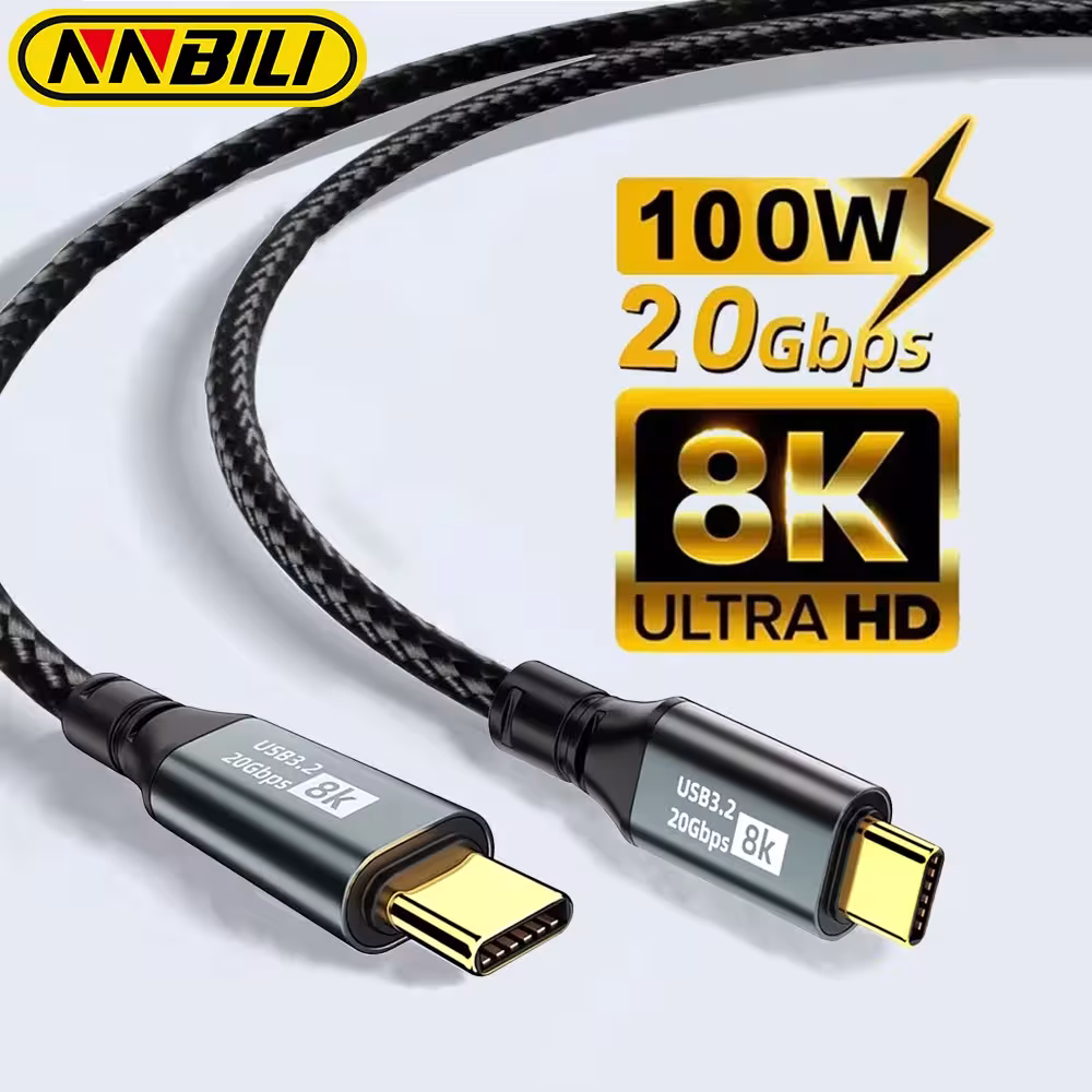 NNBILI USB-C kabelis 100W PD, 20Gbps USB3.2 Gen2, 8K@60Hz, 5A greitam įkrovimui iPhone, MacBook, PC