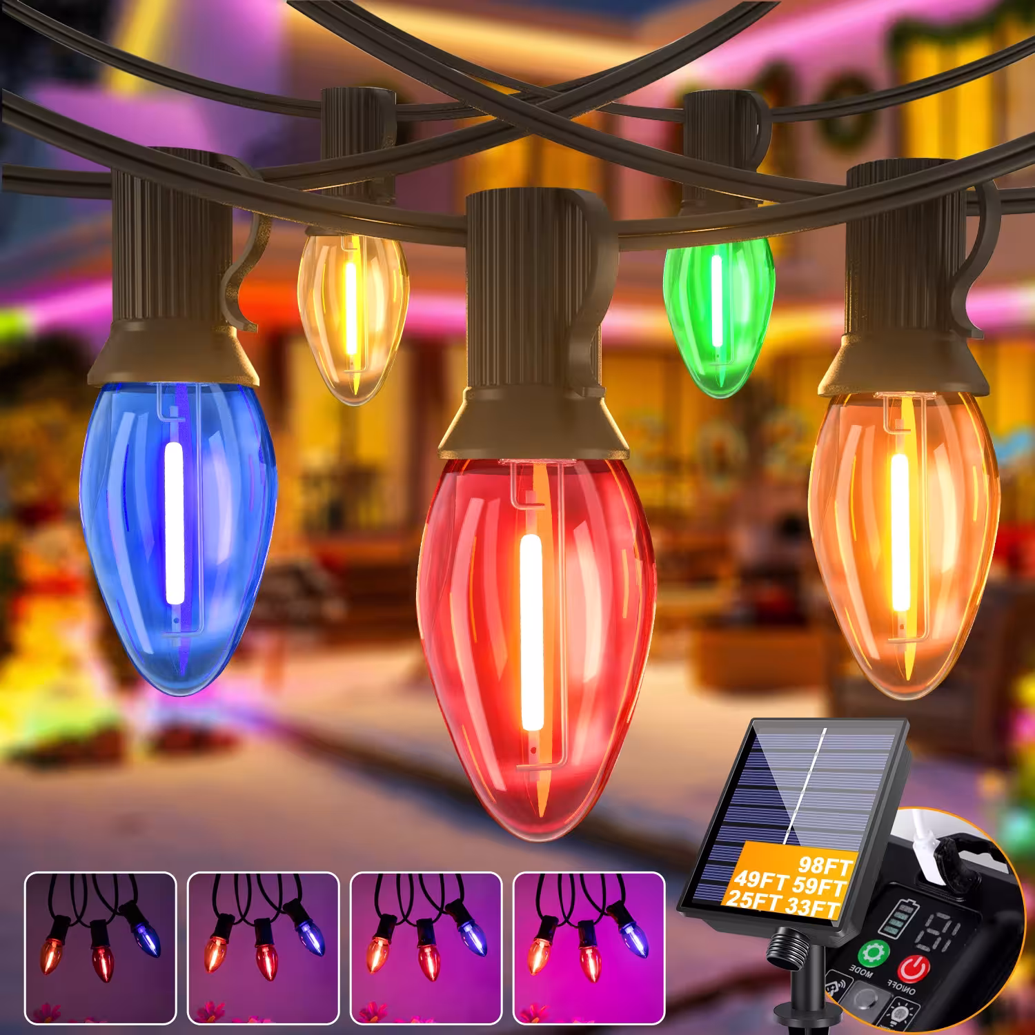 Colorful C7 solar powered LED string lights with USB charging, 8 lighting modes.