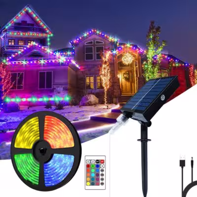 Tira de luces LED RGB de energía solar para decoración exterior, 5m/10m, guirnalda navideña resistente al agua para calles y jardines