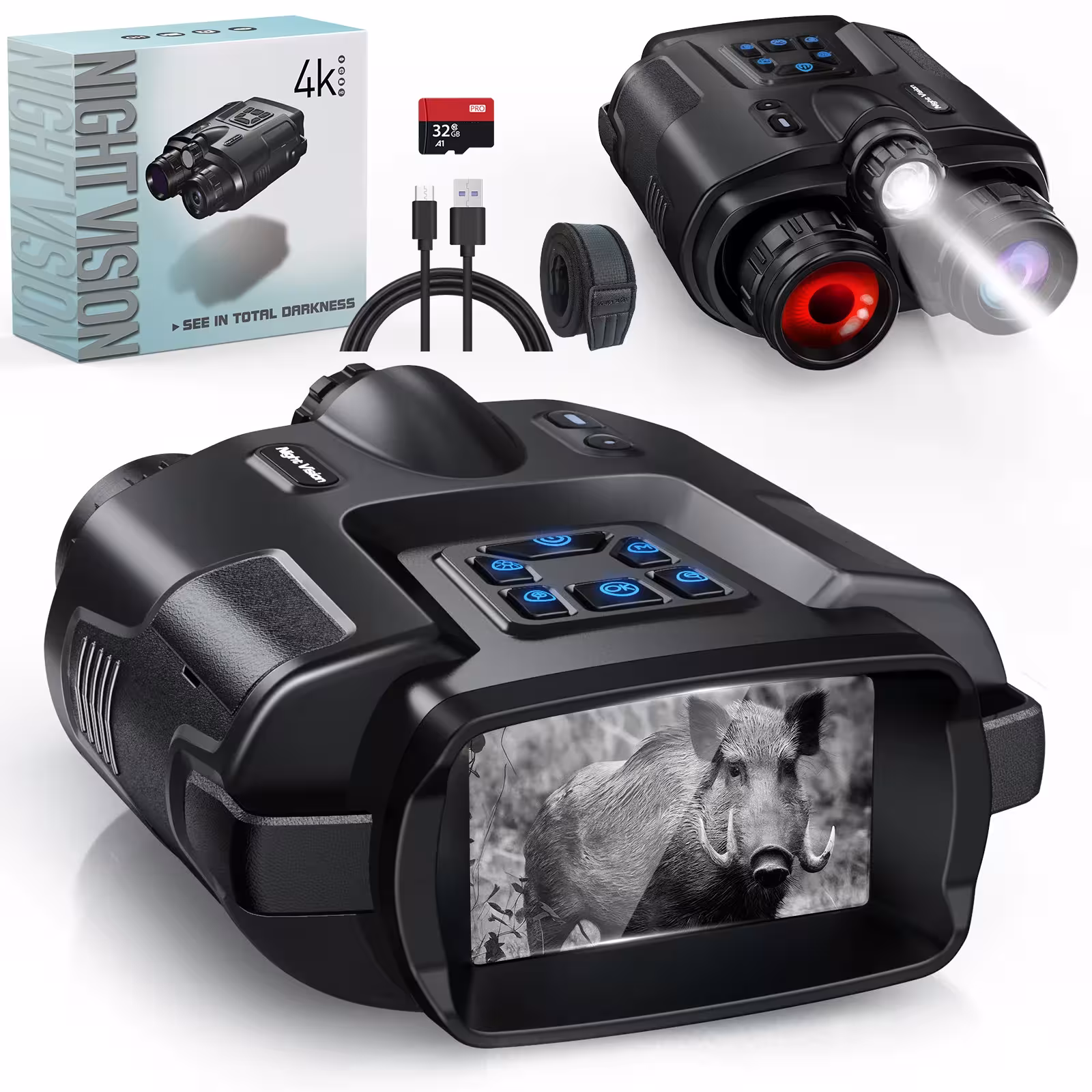 Binoculares de visión nocturna 4K con infrarrojos, zoom de 8x, 600 m, tarjeta de 64 GB