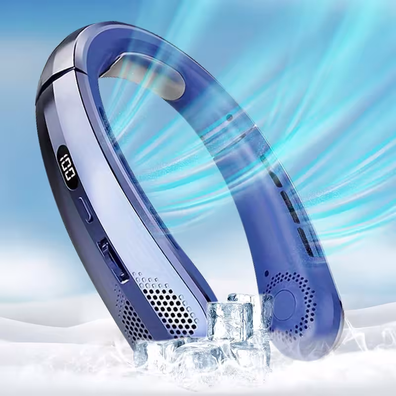 Portable Neck Fan 8000mAh bladeless, rechargeable, quiet, with LED display for outdoor use