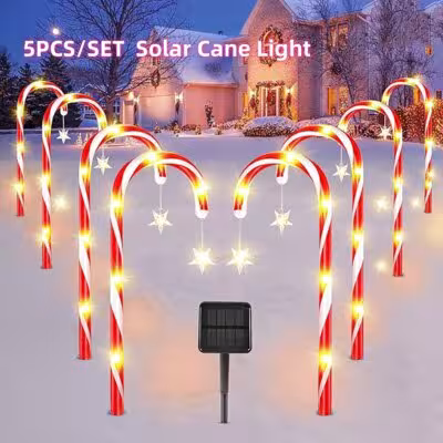5 pieces of solar-powered LED candy stick shaped outdoor lights for Christmas garden and lawn decoration, IP65 waterproof