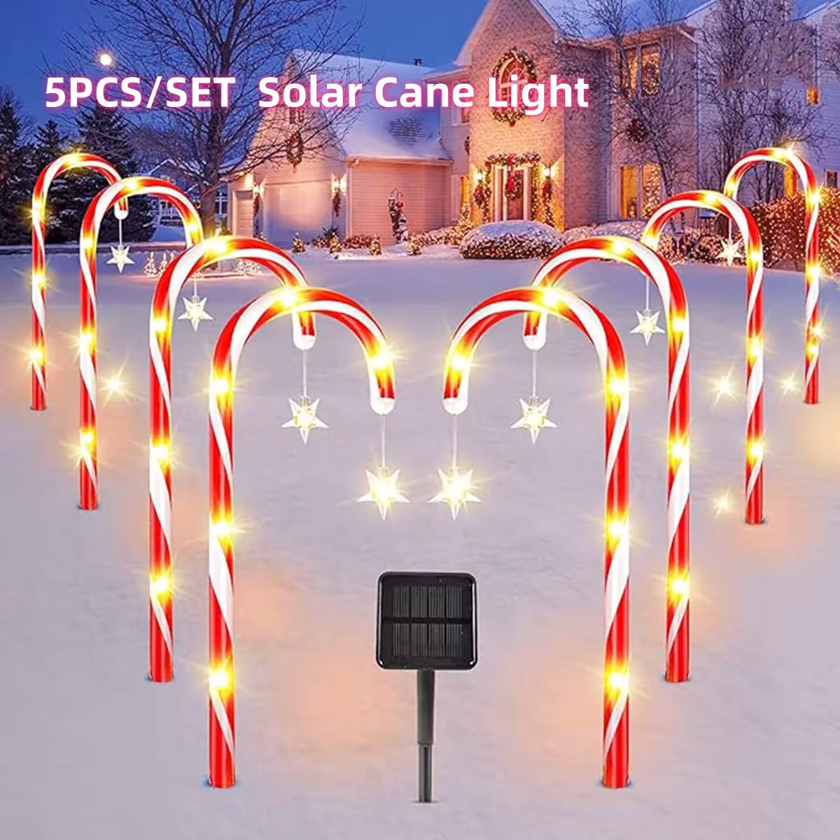5 pieces of solar-powered LED candy stick shaped outdoor lights for Christmas garden and lawn decoration, IP65 waterproof