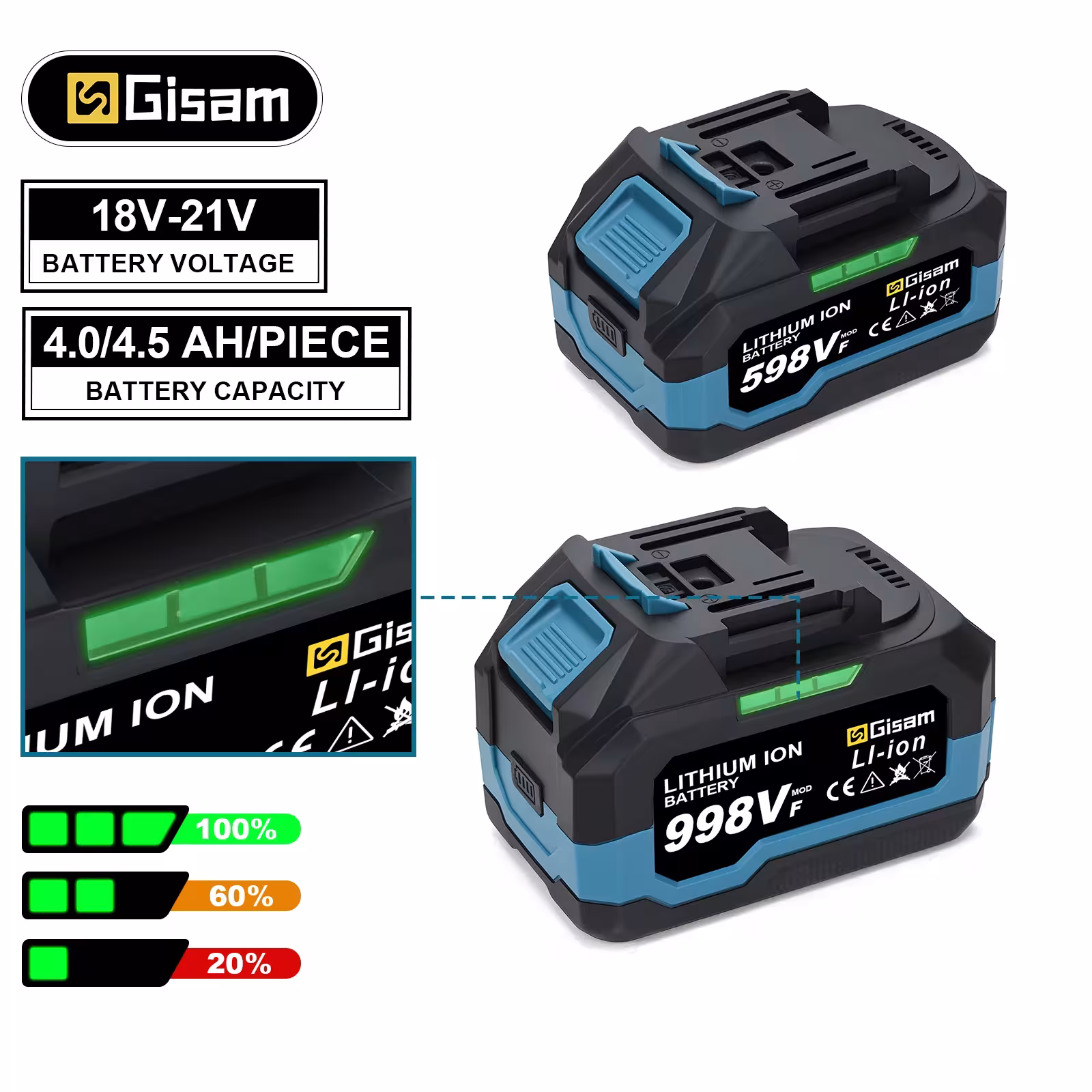 Gisam 4.0AH ir 4.5AH ličio jonų akumuliatorius belaidžiam gręžtuvui, suktuvui ir veržliarakčiui, suderinamas su Makita 18V įrankiais
