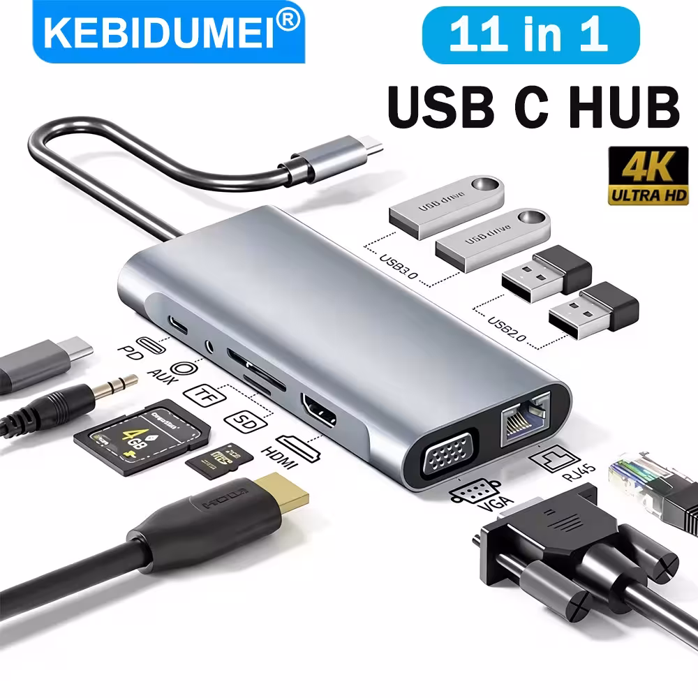 Estación base/adaptador USB C 11 en 1 con HDMI 4K, USB 3.0 y carga PD
