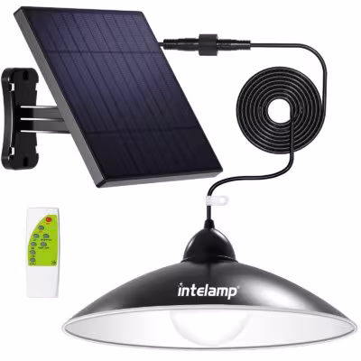 Intelamp solar hanging lamp for indoor and outdoor use, 4000mAh, with remote control, day/night mode, and a 16.4 ft cable