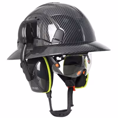 Protective helmet with a wide brim, glasses, and earmuffs, made of HDPE for construction and rescue work