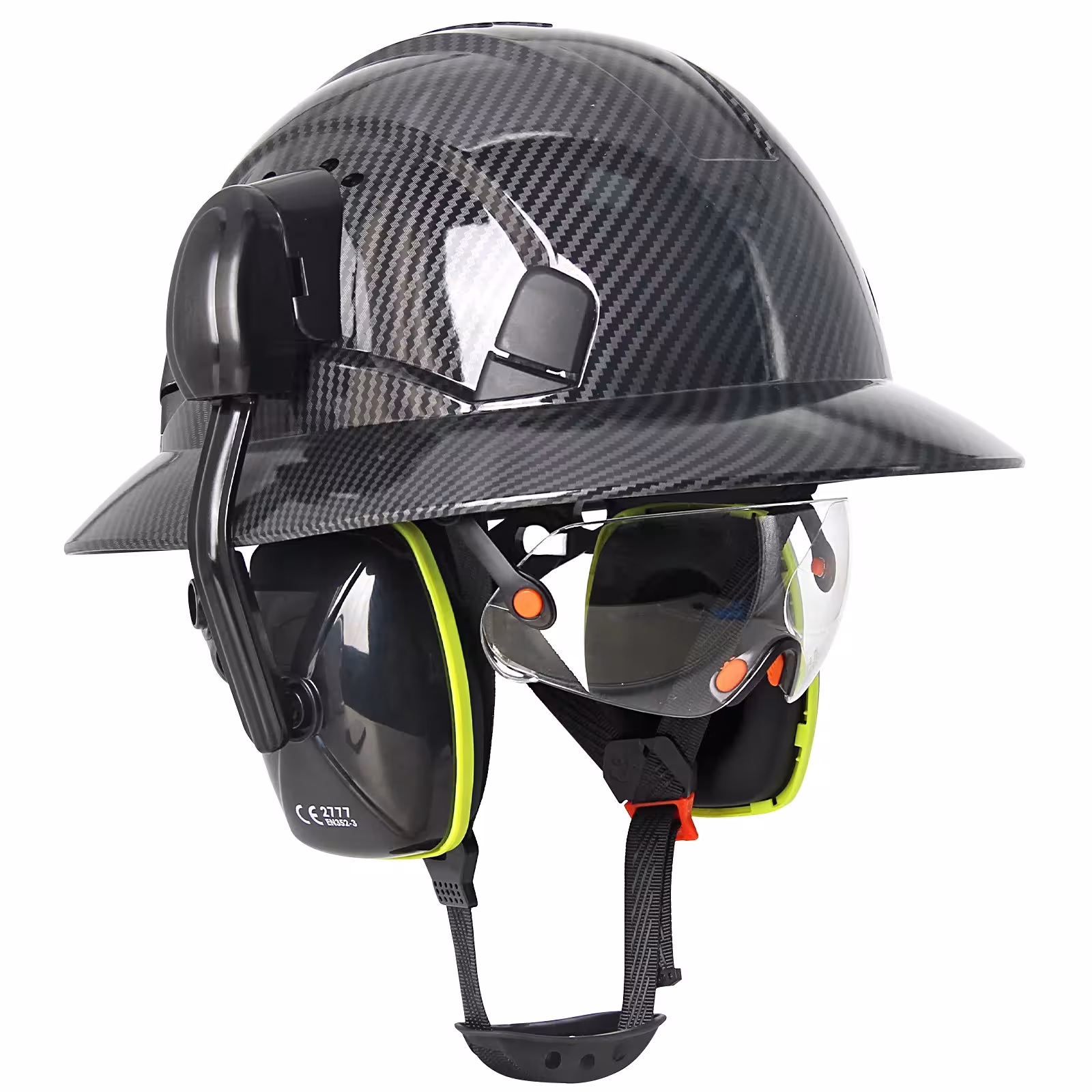 Protective helmet with a wide brim, glasses, and earmuffs, made of HDPE for construction and rescue work