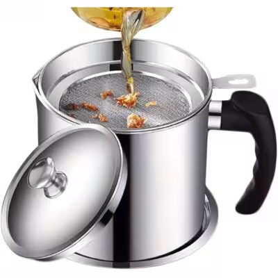 Contenitore per filtrazione dell'olio in acciaio inox con colino rimovibile per la cucina