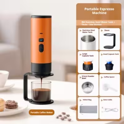 Machine à expresso en acier inoxydable portable avec batterie 7800mAh, pression de 15 bars et système d'eau chaude