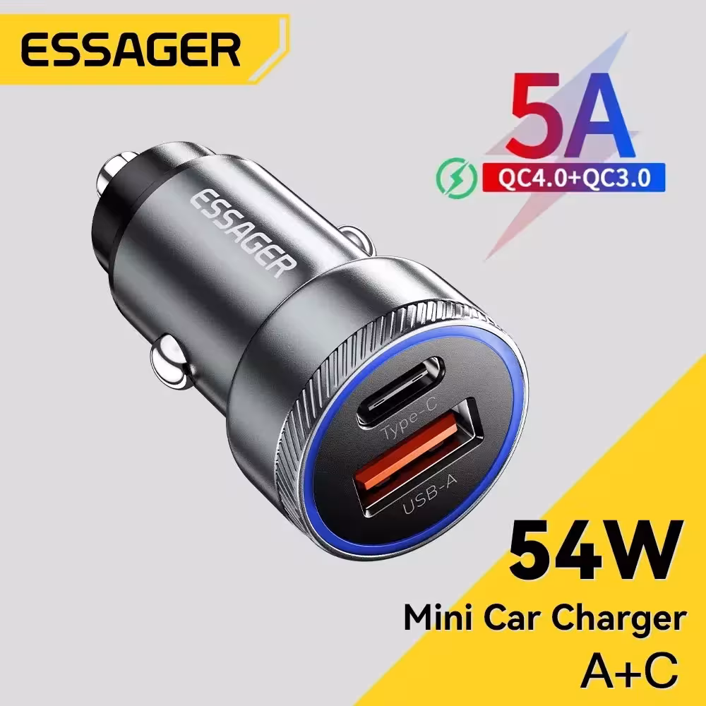 Essager 54W car charger with Type-C and USB ports, supports fast charging protocols QC3.0, PD3.0, SCP