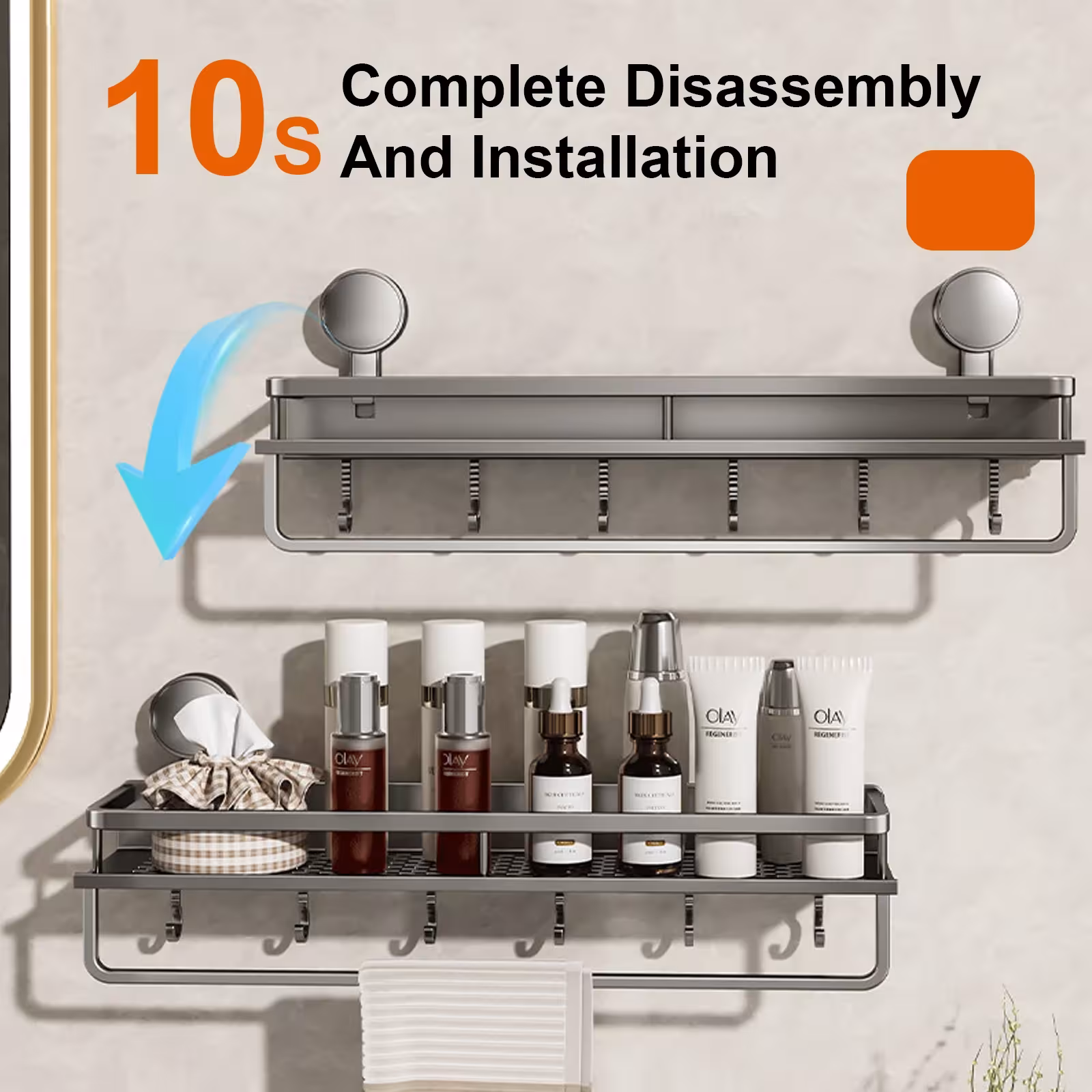 Vacuum bathroom shelf without drilling, aluminum wall-mounted organizer for toiletries