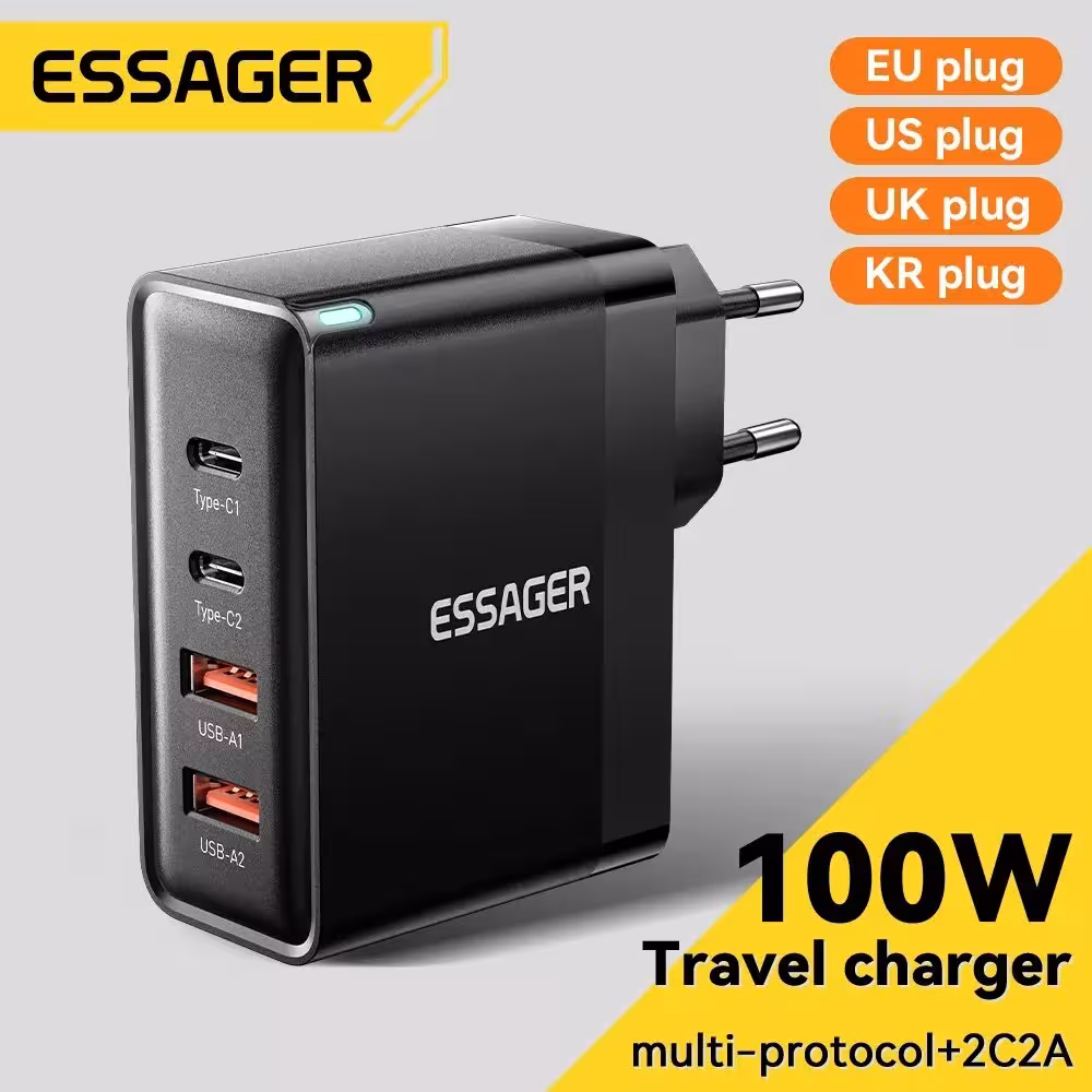 Chargeur USB Type C Essager 100W GaN avec PD QC 4.0 3.0 pour une charge rapide des téléphones et des MacBook.