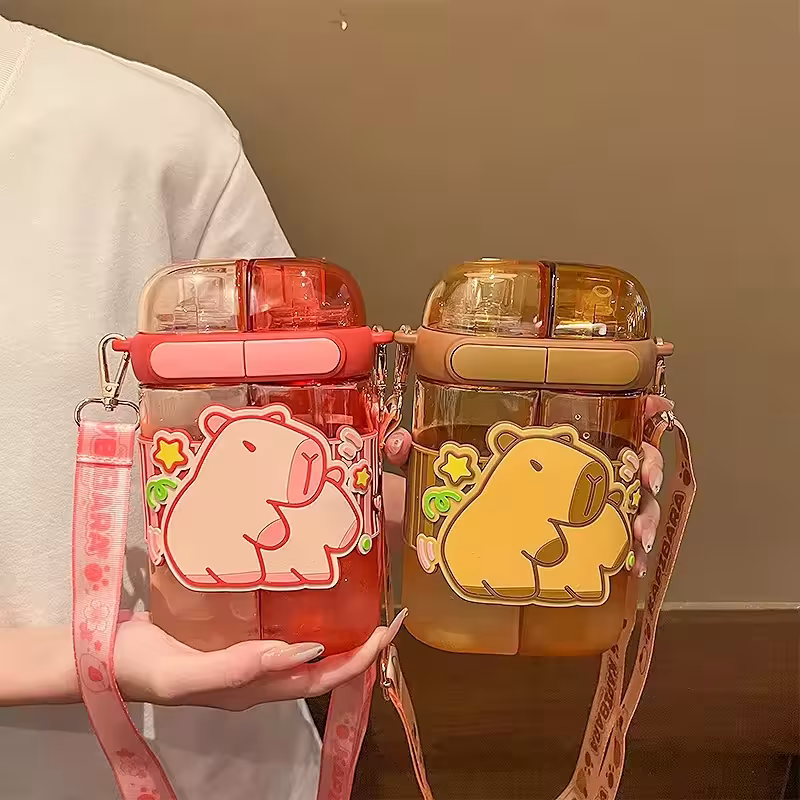 Children's capybara water bottle with straw, durable plastic cup for school and outdoor events, a great gift