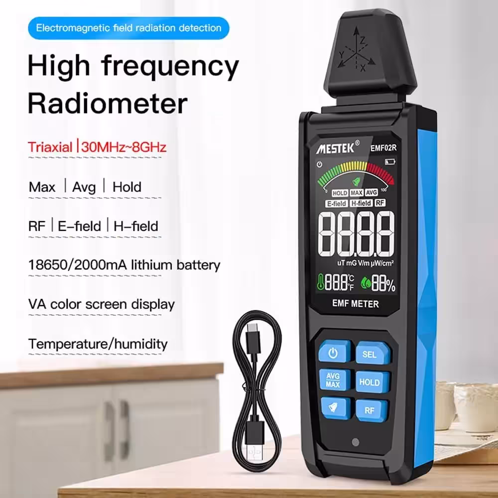 Rilevatore di radiazioni elettromagnetiche, misuratore EMF da 30-8GHz, tester di campo RF/magnetico/elettrico con display a colori VA, sensore di temperatura