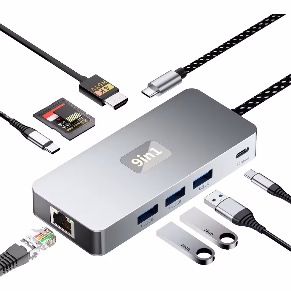 Adaptador USB C 9 en 1 con HDMI 4K, Ethernet, USB 3.0, lector de tarjetas SD/TF y carga PD 100W para MacBook, iPad
