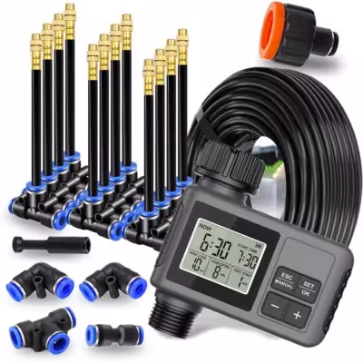 Garden irrigation system with programmable timer and 360° nozzles