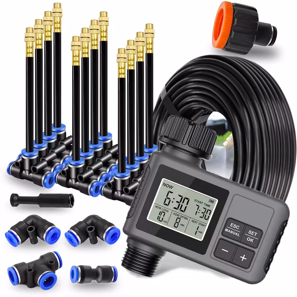 Garden irrigation system with programmable timer and 360° nozzles