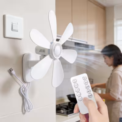 Ventilatore da parete USB con telecomando e timer, 16.5 pollici, silenzioso, 4 velocità regolabili per cucina e camera da letto.