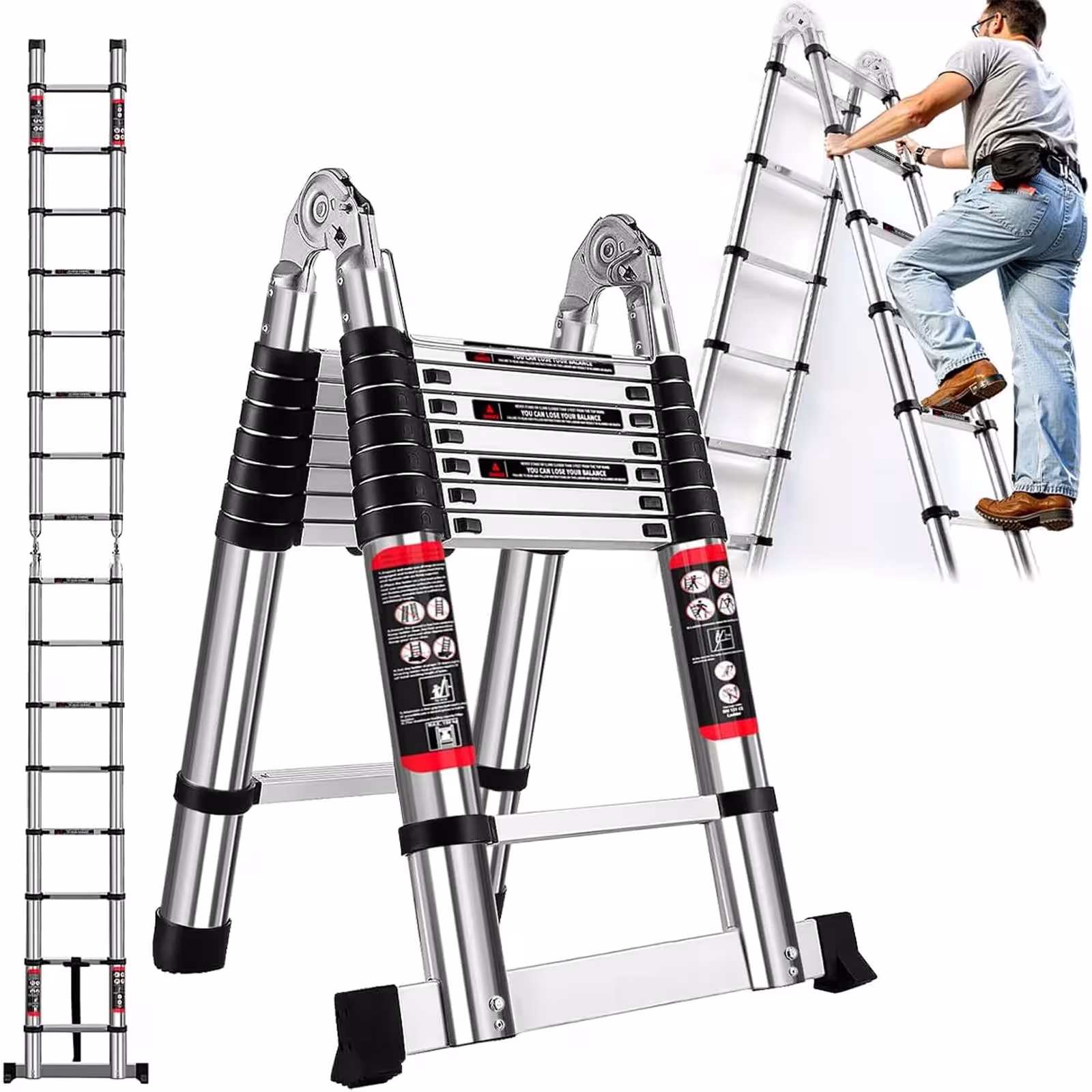 Teleskopinės nerūdijančio plieno kopėčios A formos, sulankstomos, 3.8 m/12.5 ft, 150 kg
