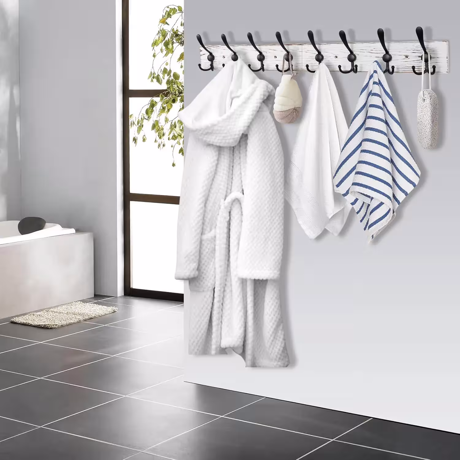 Wall-mounted coat rack with hooks