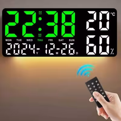 Didelis skaitmeninis sieninis laikrodis su LED apšvietimu, temperatūros ir drėgmės rodmenimis