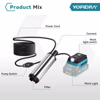 Bomba de agua y combustible inalámbrica YOFIDRA con iluminación LED, 50-80 L/min, para batería Makita de 21V