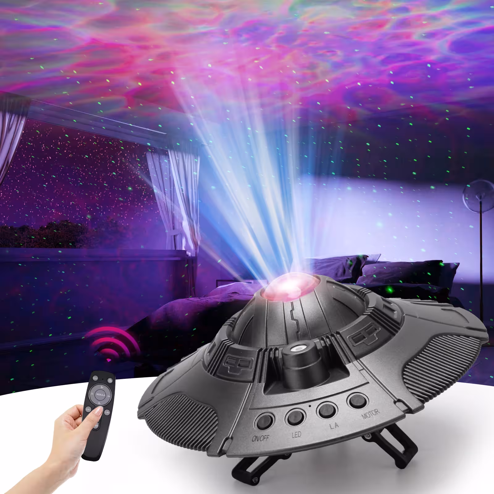 Žvaigždėto dangaus projektorius 360° besisukantis LED naktinis šviestuvas dovanoms