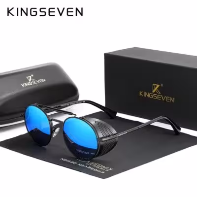 KINGSEVEN gotikinio steampunk stiliaus poliarizuoti akiniai nuo saulės vyrams, apvalus metalinis rėmelis