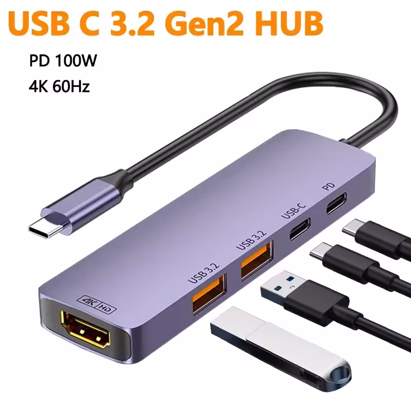 USB C šakotuvas 10Gbps su HDMI 4K 60Hz ir PD 100W įkrovimu MacBook Samsung iPhone 15