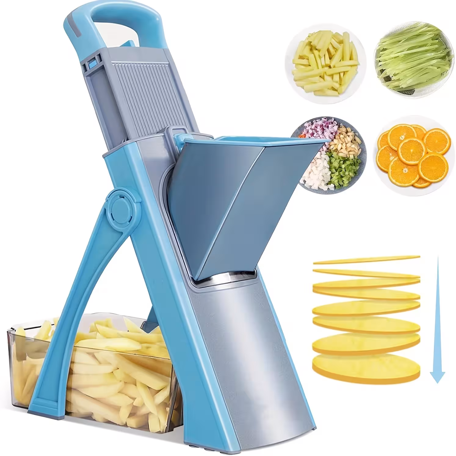 Safe adjustable vegetable slicer with 4 cutting modes - for cubes, julienne, and slices, a kitchen tool.