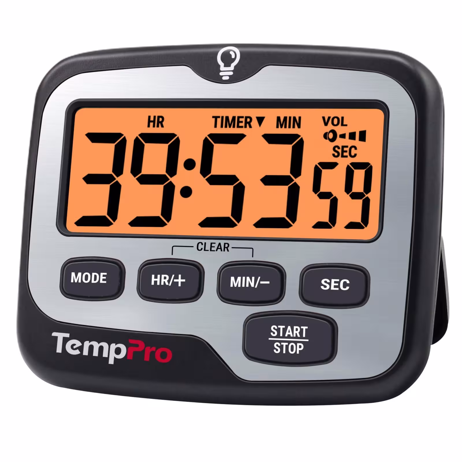 TempPro TM01 digital kitchen timer with a large illuminated display and clock function.