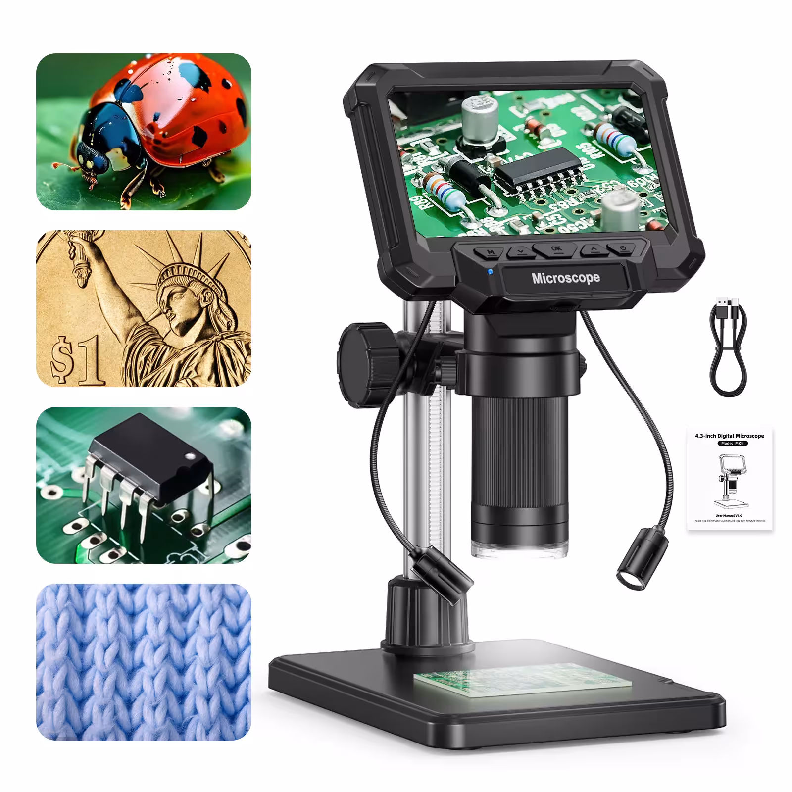 Microscope numérique avec écran IPS de 4,3 pouces, grossissement 1600X, éclairage LED, pour circuits imprimés et pièces de monnaie