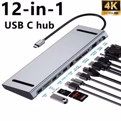 Adaptateur USB-C 12 en 1 avec double HDMI 4K, VGA, PD 100W et RJ45