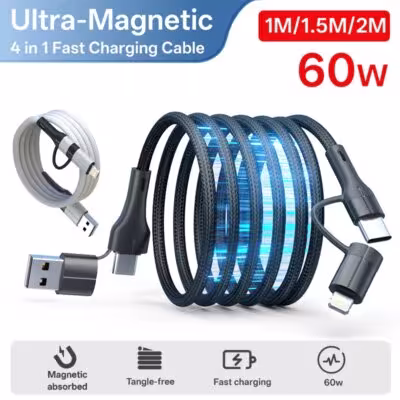 Câble de chargement magnétique 4 en 1, 60W, USB C vers Type C 8pin, 2m pour téléphones